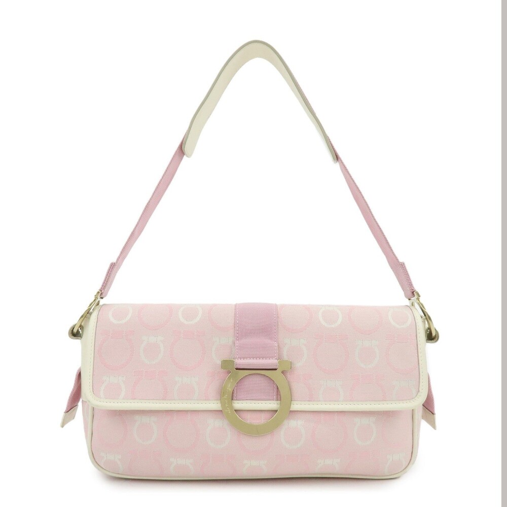 Ferragamo Gancini Canvas & Leather Shoulder Bag Light Pink